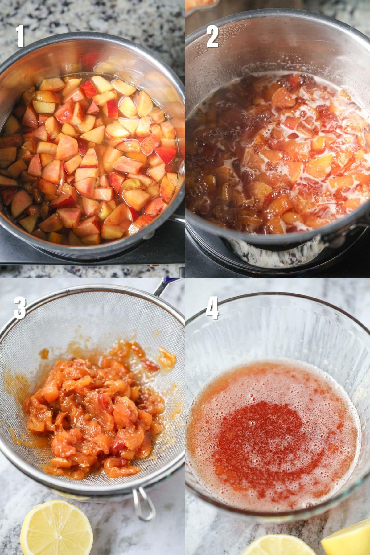 Step-by-step images for making peach simple syrup for a fresh peach lemonade.