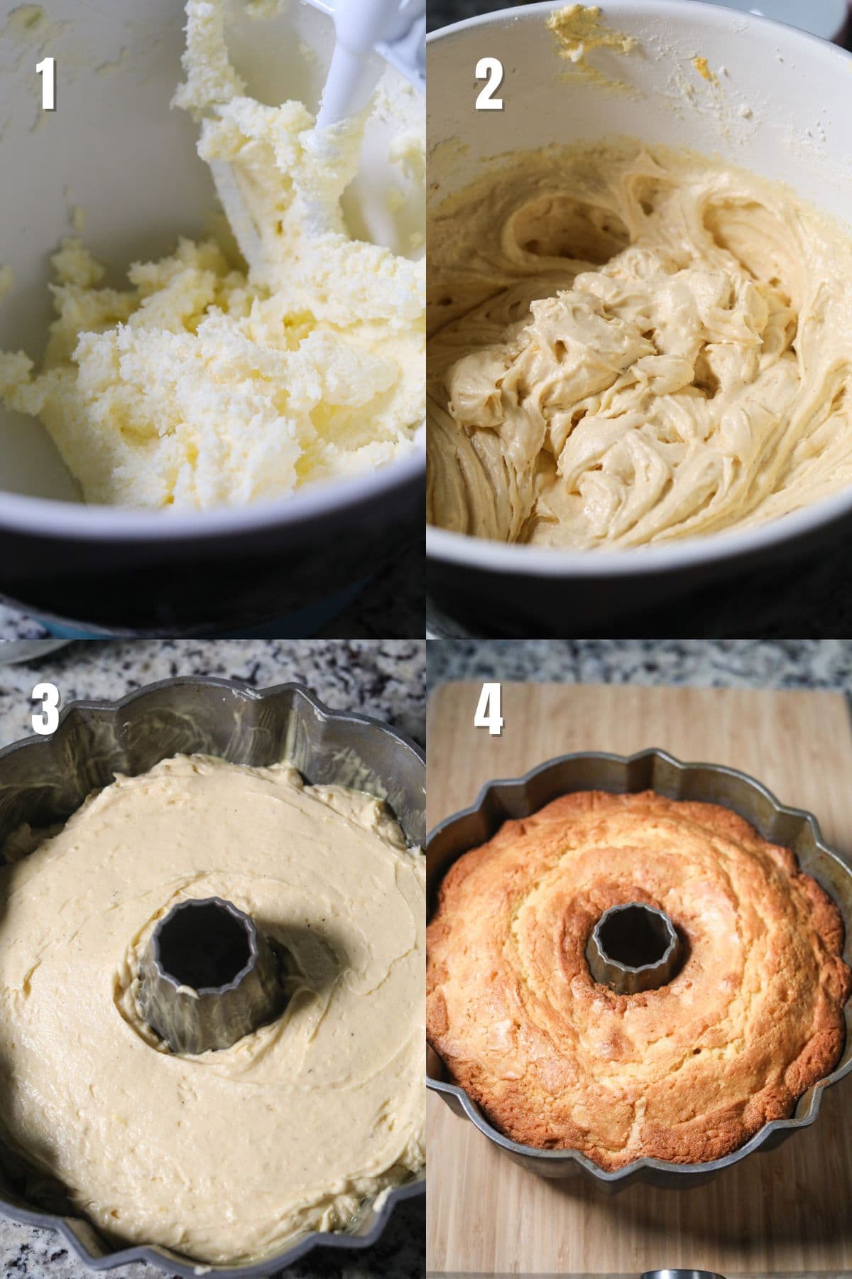 Step by step images for making moist lemon Bundt cake.