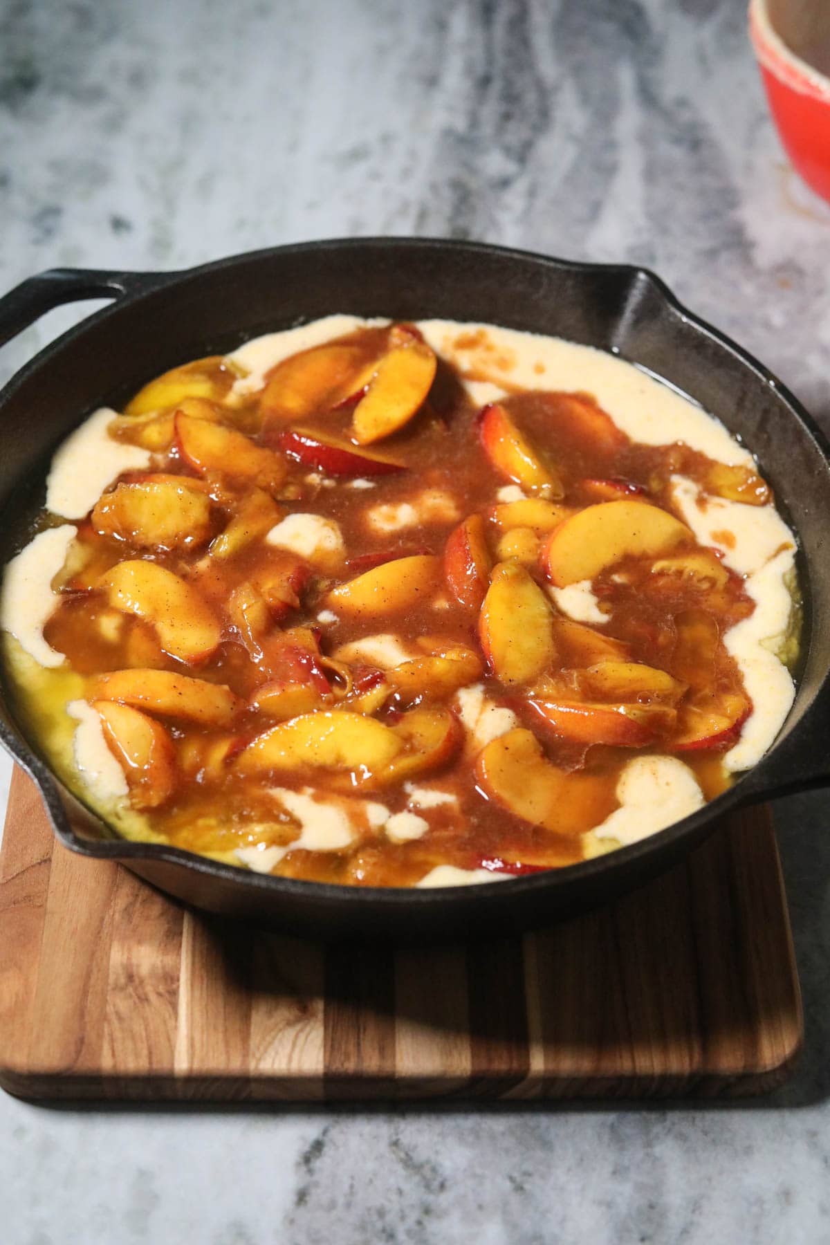 Southern skillet, peach cobbler before going into the oven.