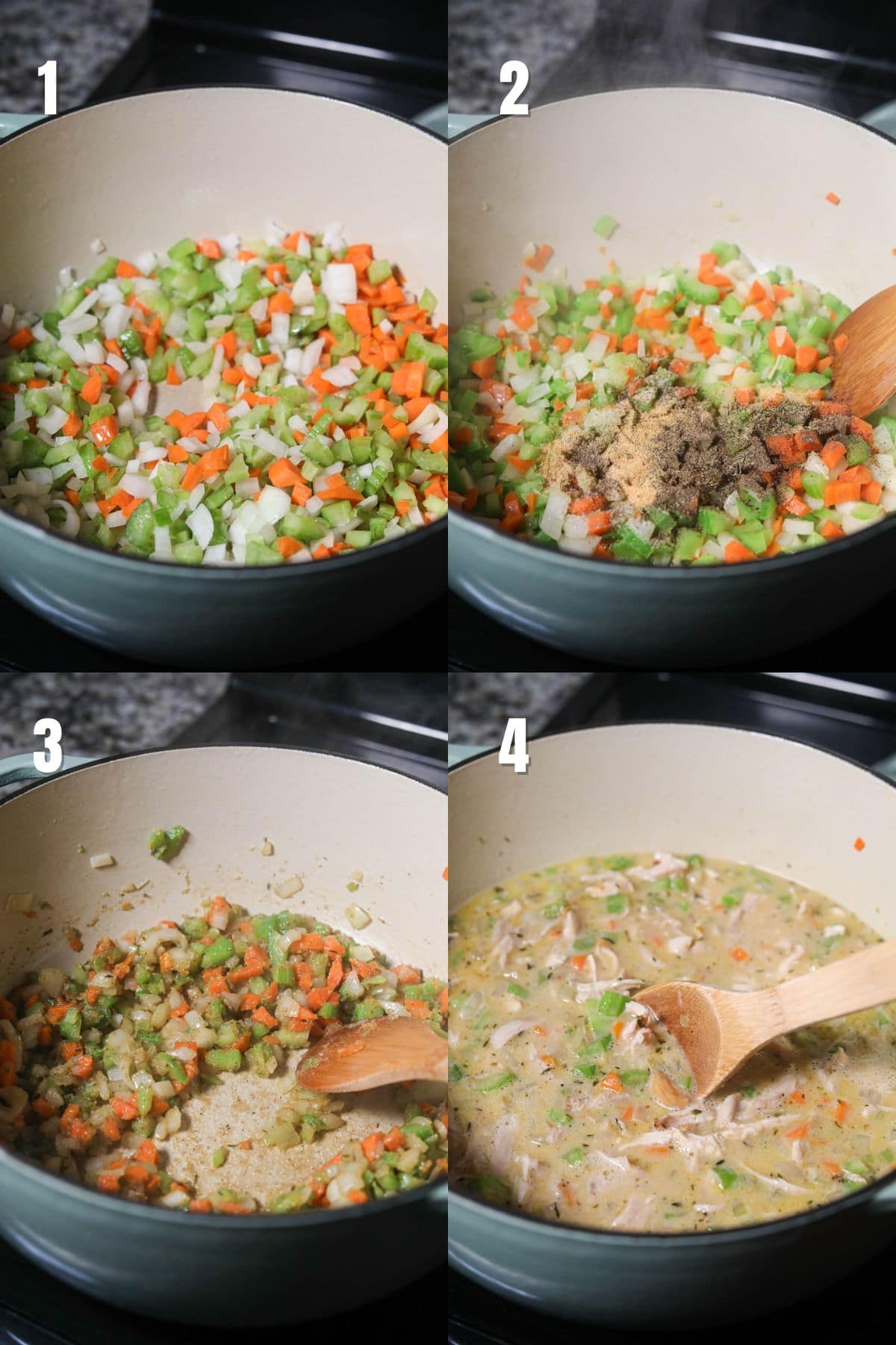 Step-by-step images for making southern homemade chicken and dumplings.