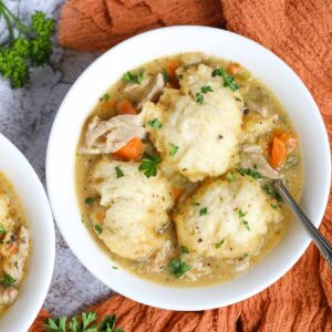Southern homemade chicken and dumplings in a white bowl.