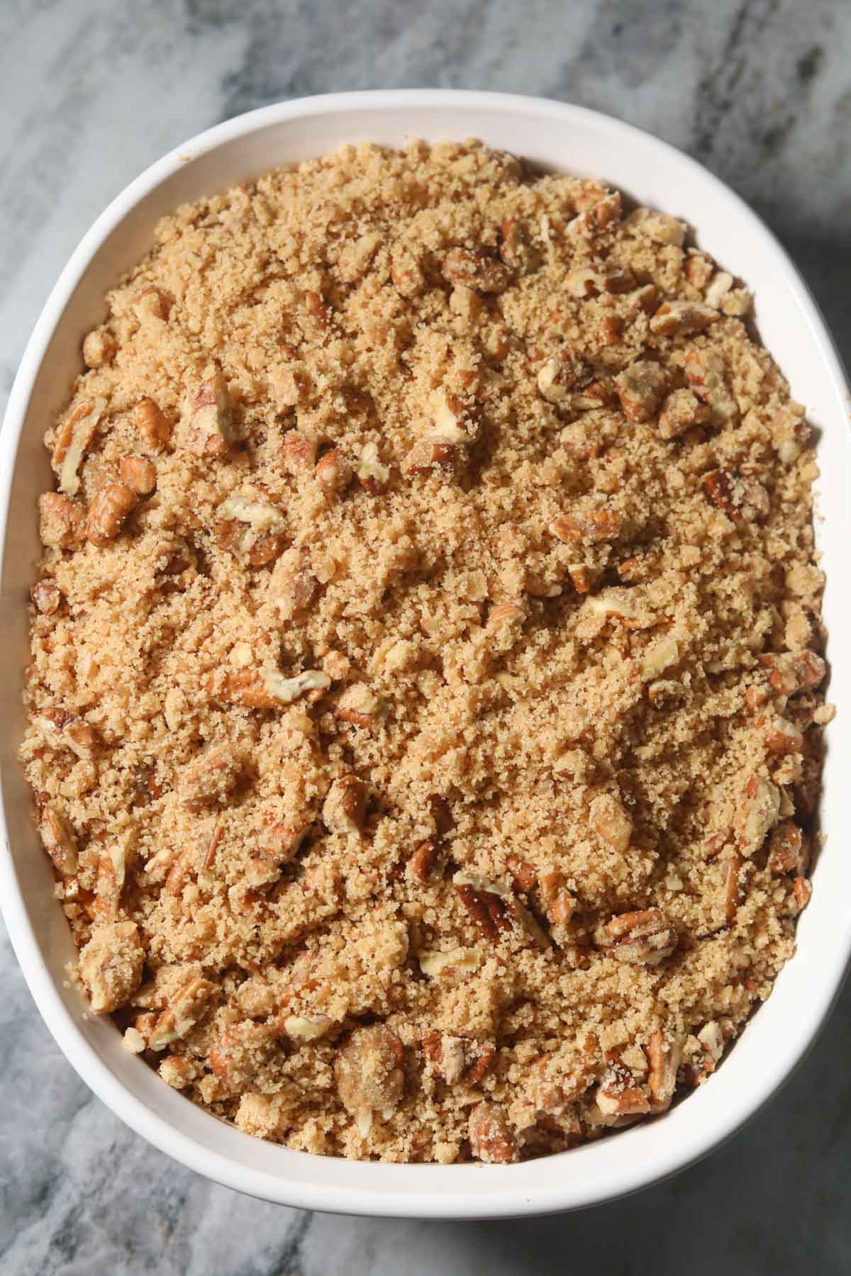 Assembled sweet potato casserole before going into the oven.