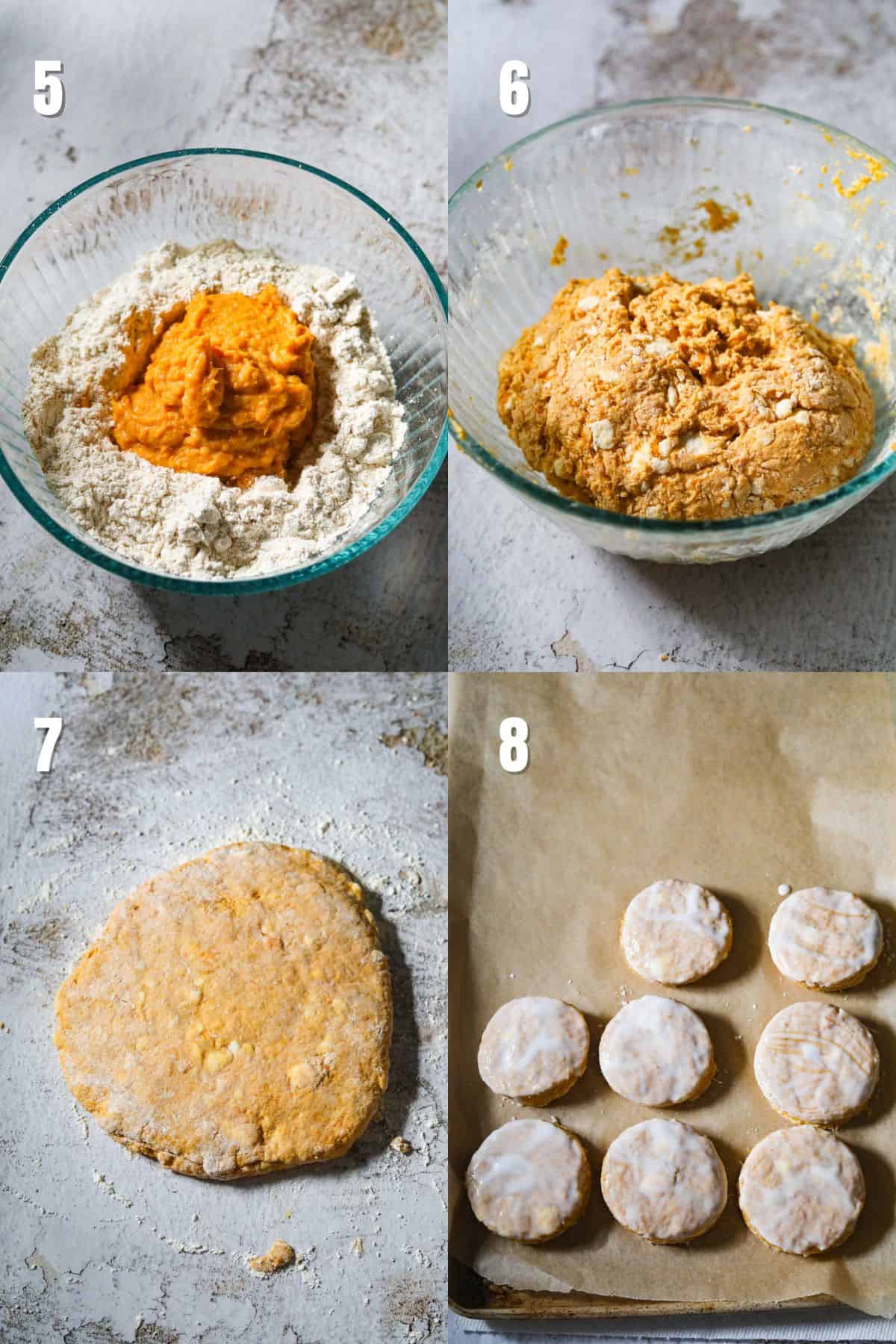 Step by step images for making sweet potato biscuits.