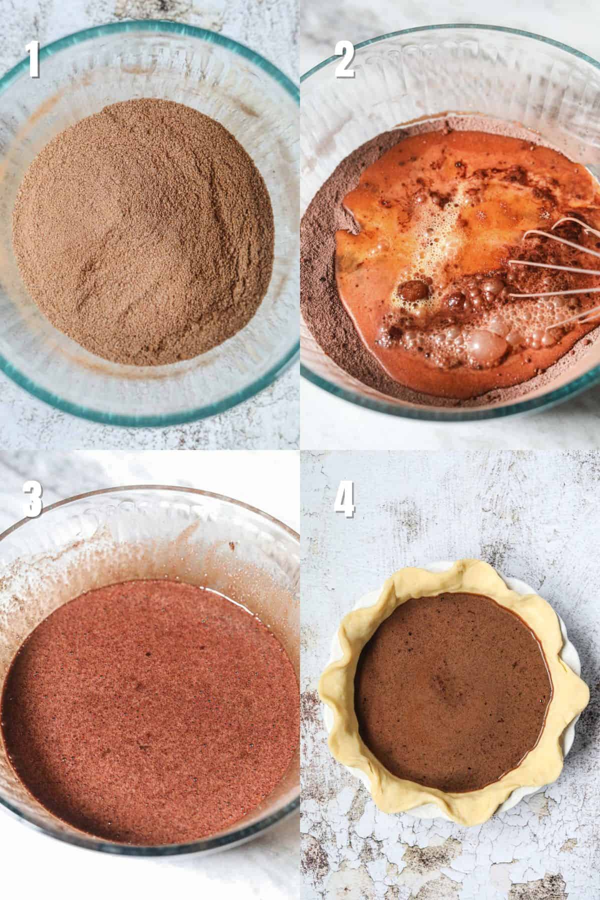 Step by step images for making chocolate chess pie.