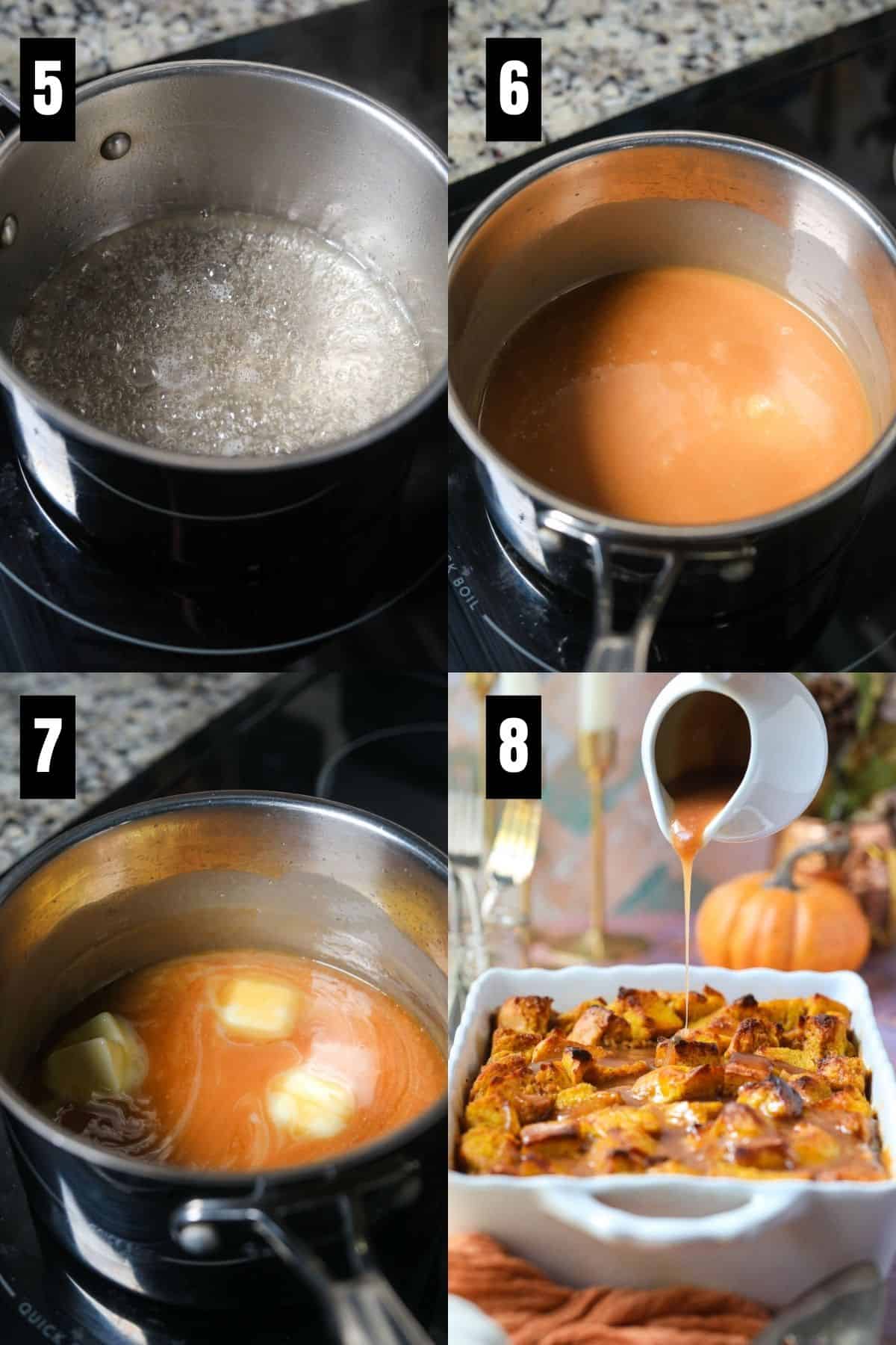 Step-by-step instruction images for making pumpkin bread pudding with salted caramel sauce.