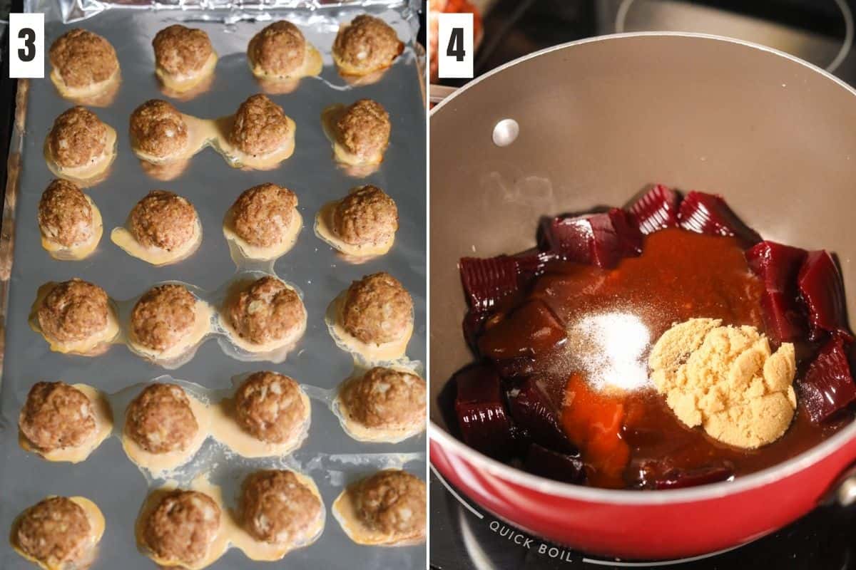 Two photos side-by-side with cooked turkey meatballs on a baking sheet and the left photo and cranberry barbecue sauce ingredients in a sauce pan in the right photo.