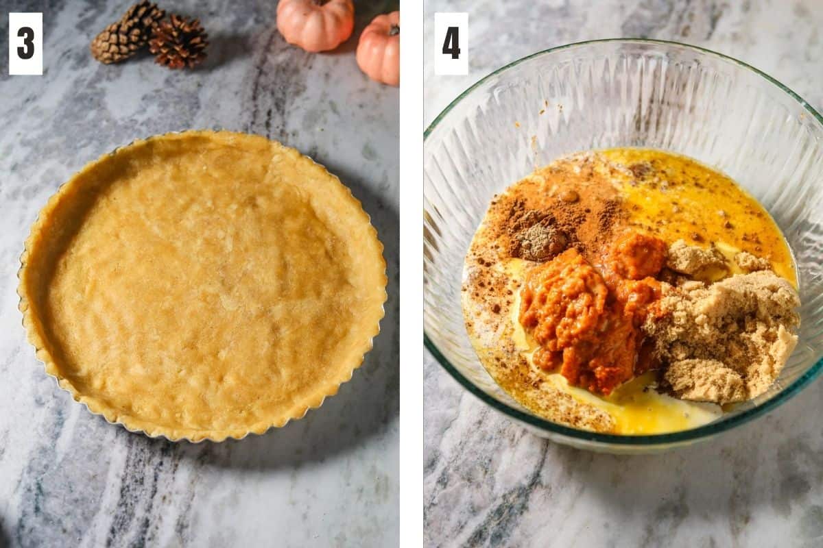 Two images side-by-side with a tart crust pressed into a tart pan in the left imaged and ingredients for making pumpkin custard filling in a glass mixing bowl in the right image.