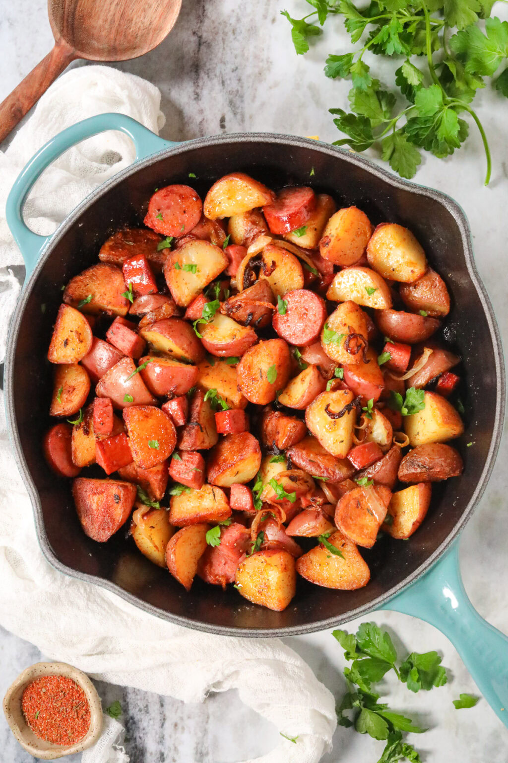 Fried Potatoes with Smoked Sausage - Pink Owl Kitchen