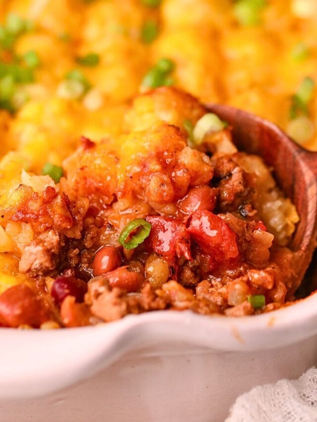 Chili cheese tater tot casserole in a baking dish.