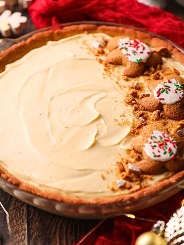 Eggnog pie in a glass baking dish on a table top.