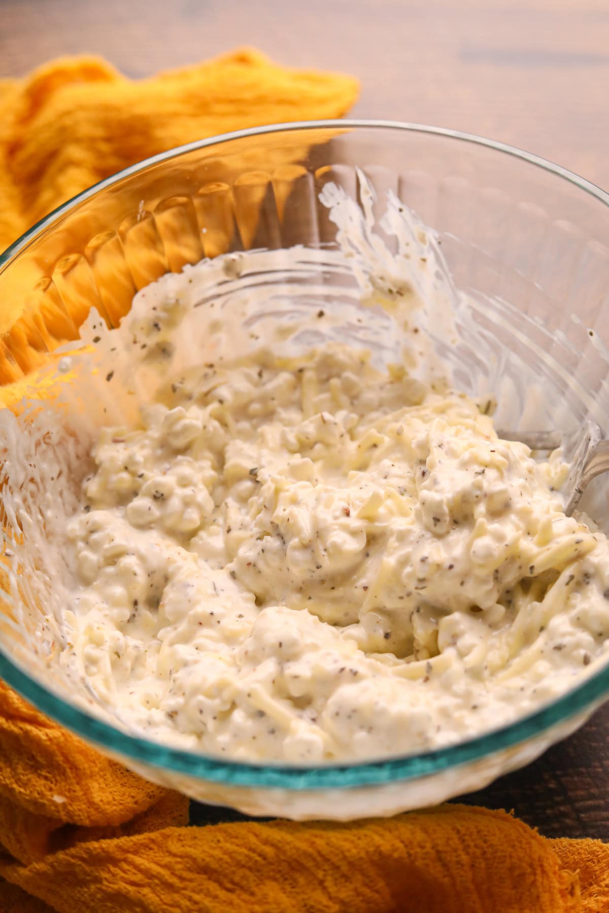 Cottage cheese mixture in a bowl.
