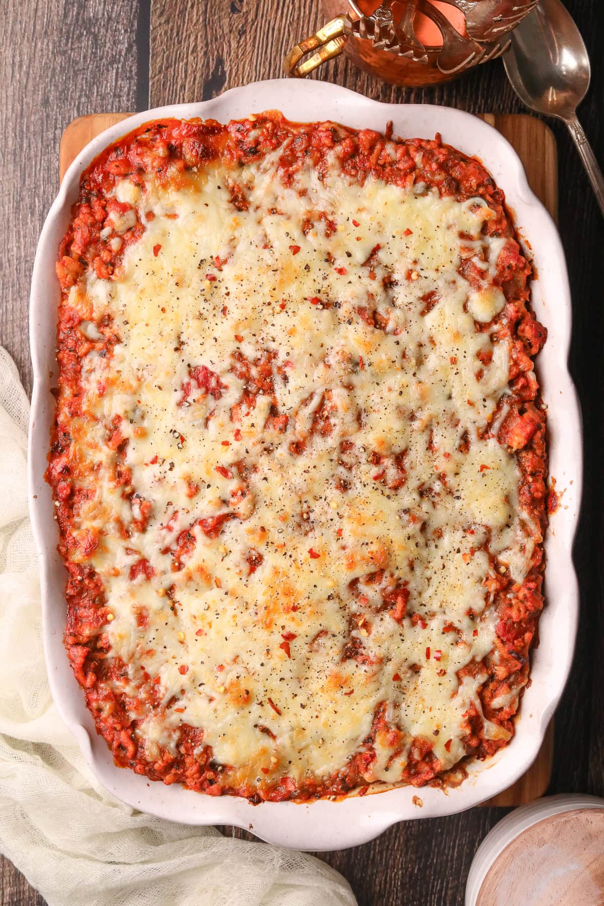 Million dollar spaghetti in a baking dish.
