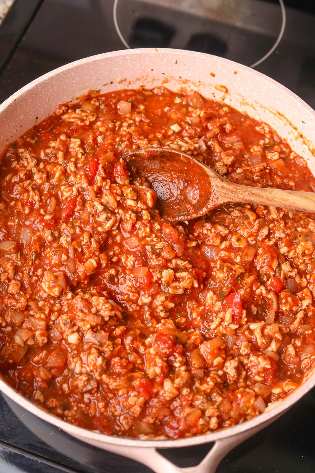 Meat sauce in skillet for million dollar spaghetti.