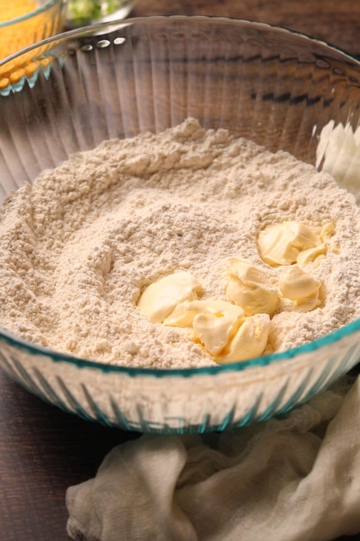 Butter and flour for making buttermilk biscuits in a bowl.