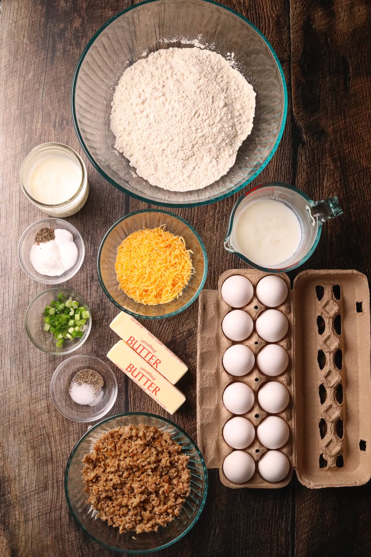 Ingredients for making buttermilk biscuit breakfast casserole.