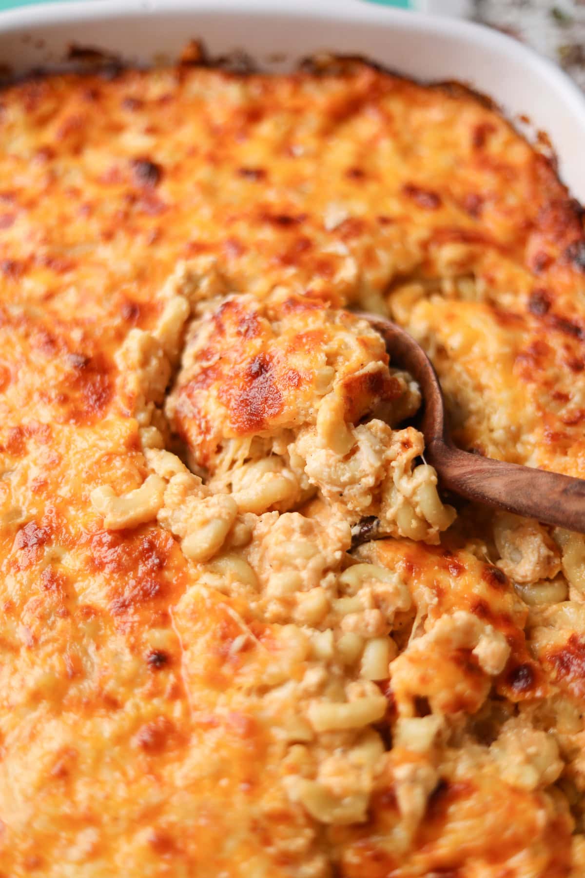 Detailed photo of southern baked mac & cheese in a baking dish.