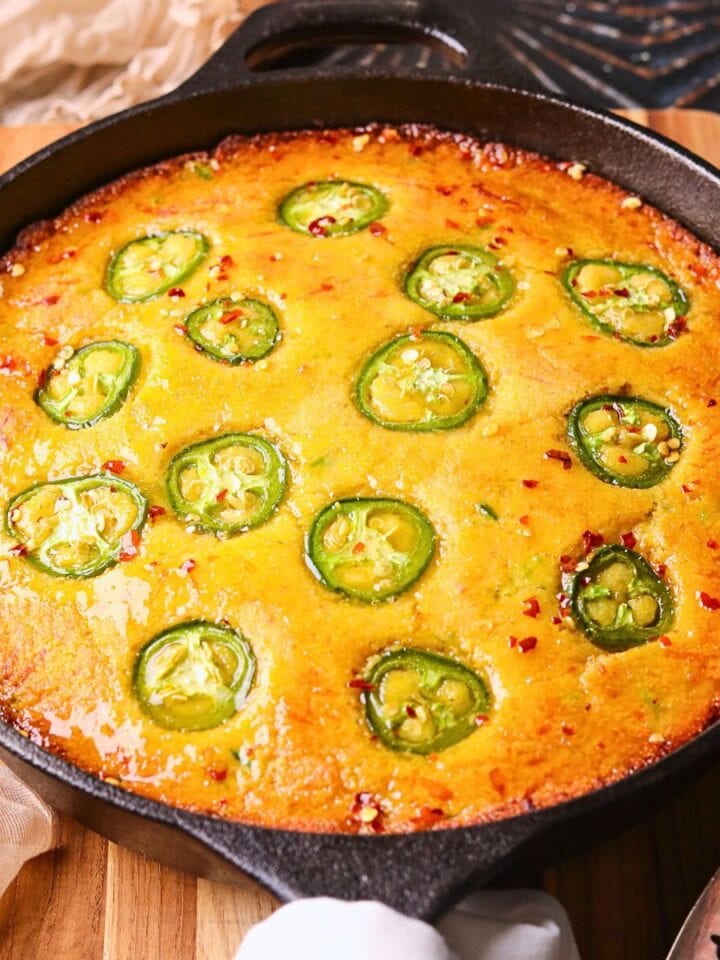 Jalapeño cheddar cornbread with spicy honey butter fresh out of the oven.