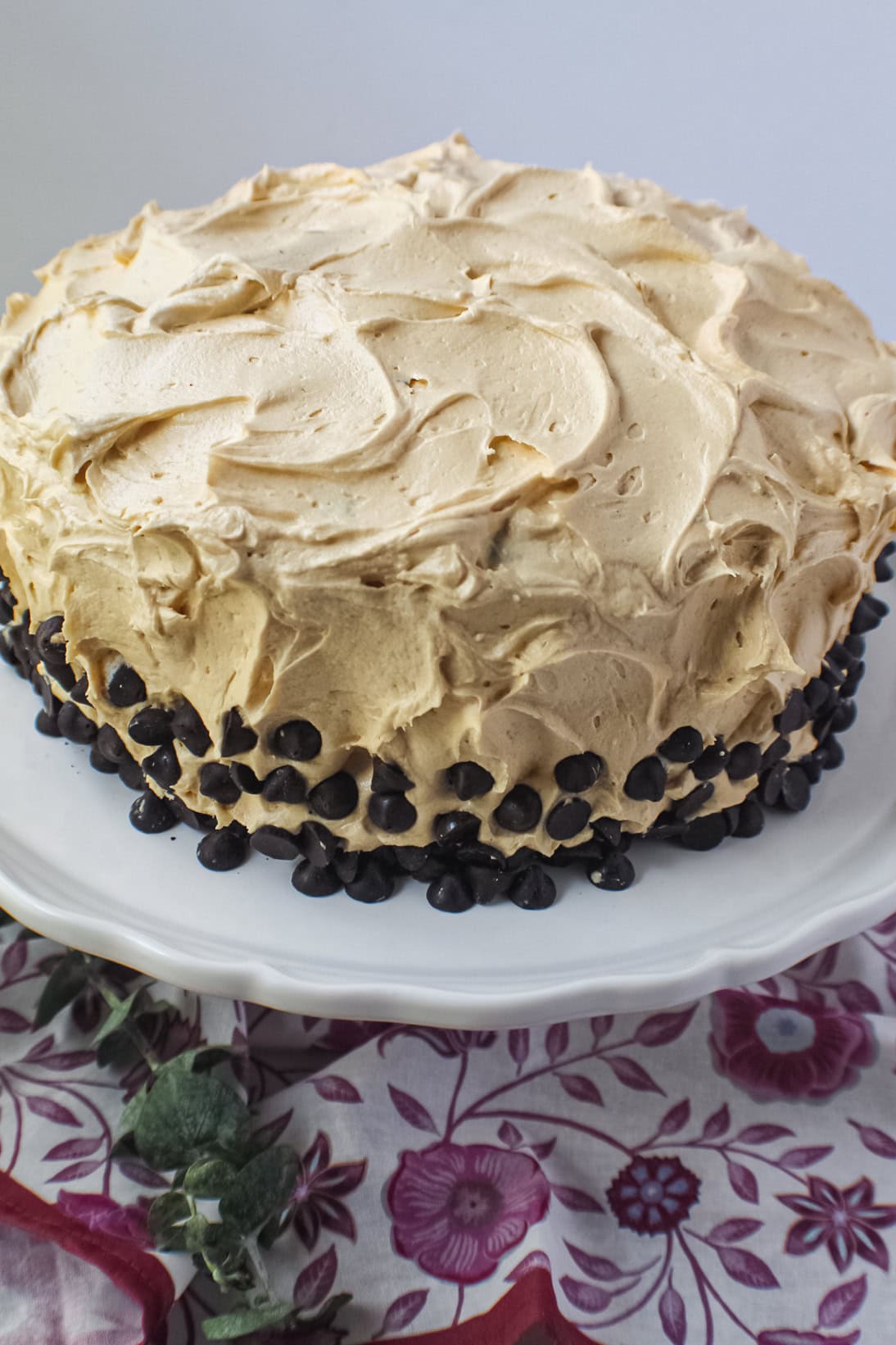 Dark chocolate peanut butter layer cake on a cake plate.