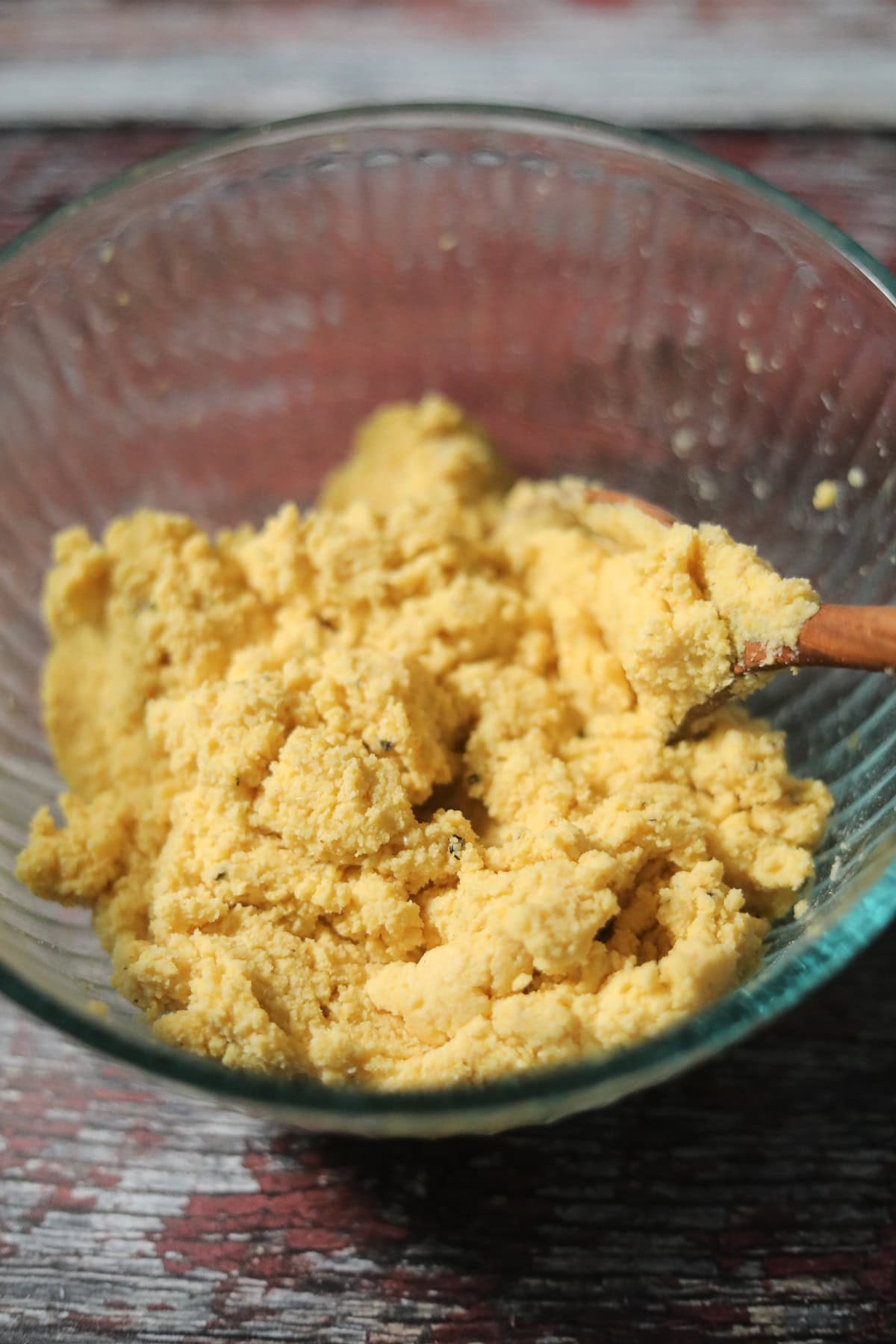 Hot water cornbread batter in a mixing bowl.