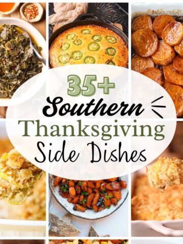 A collage of photos of southern Thanksgiving, side dishes.