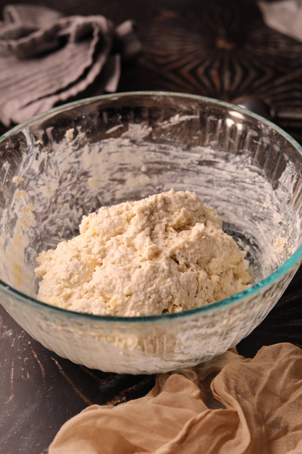Biscuit dough for catfish étouffée pot pie in a mixing bowl.