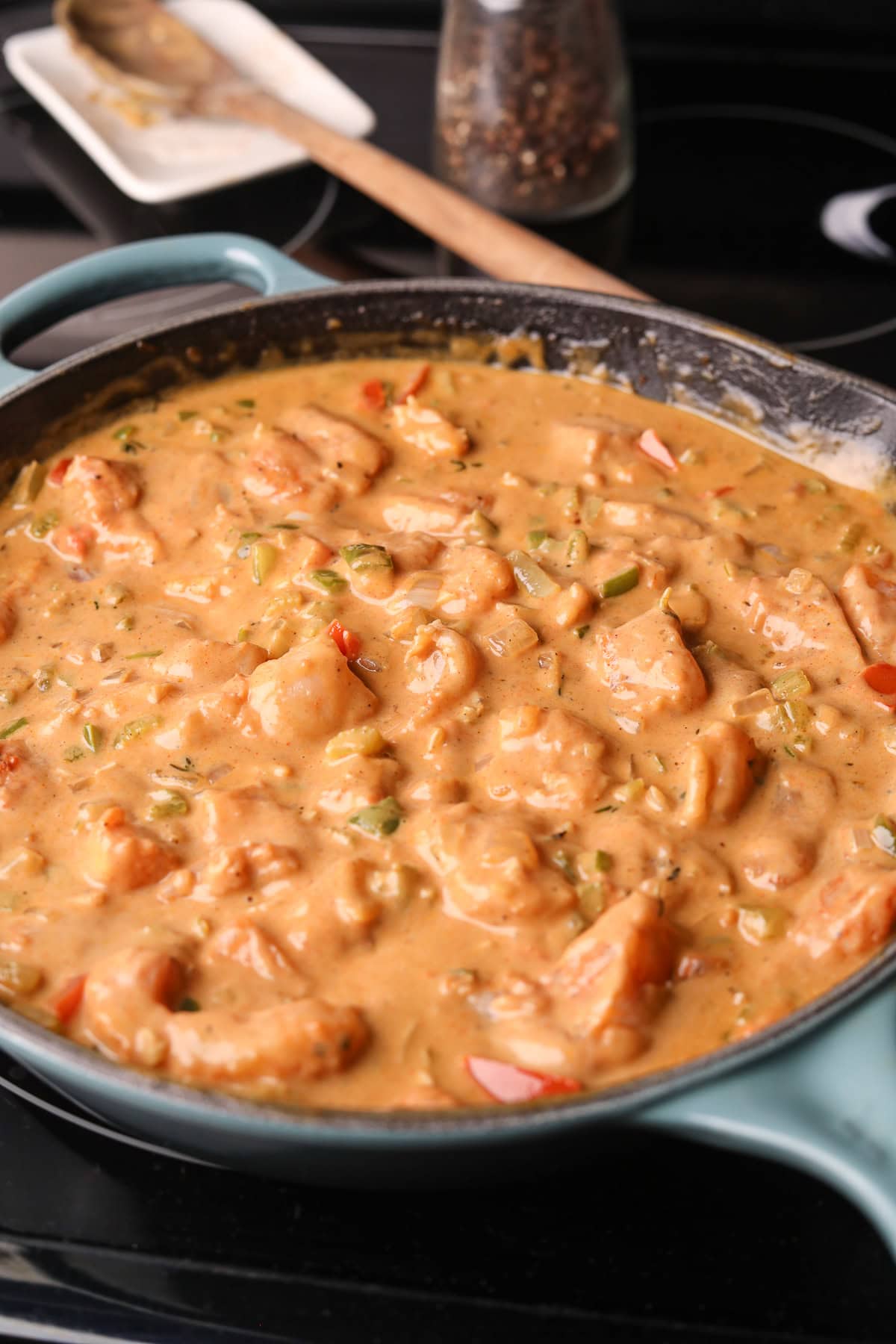 Catfish etouffee filling before biscuit topping is added.