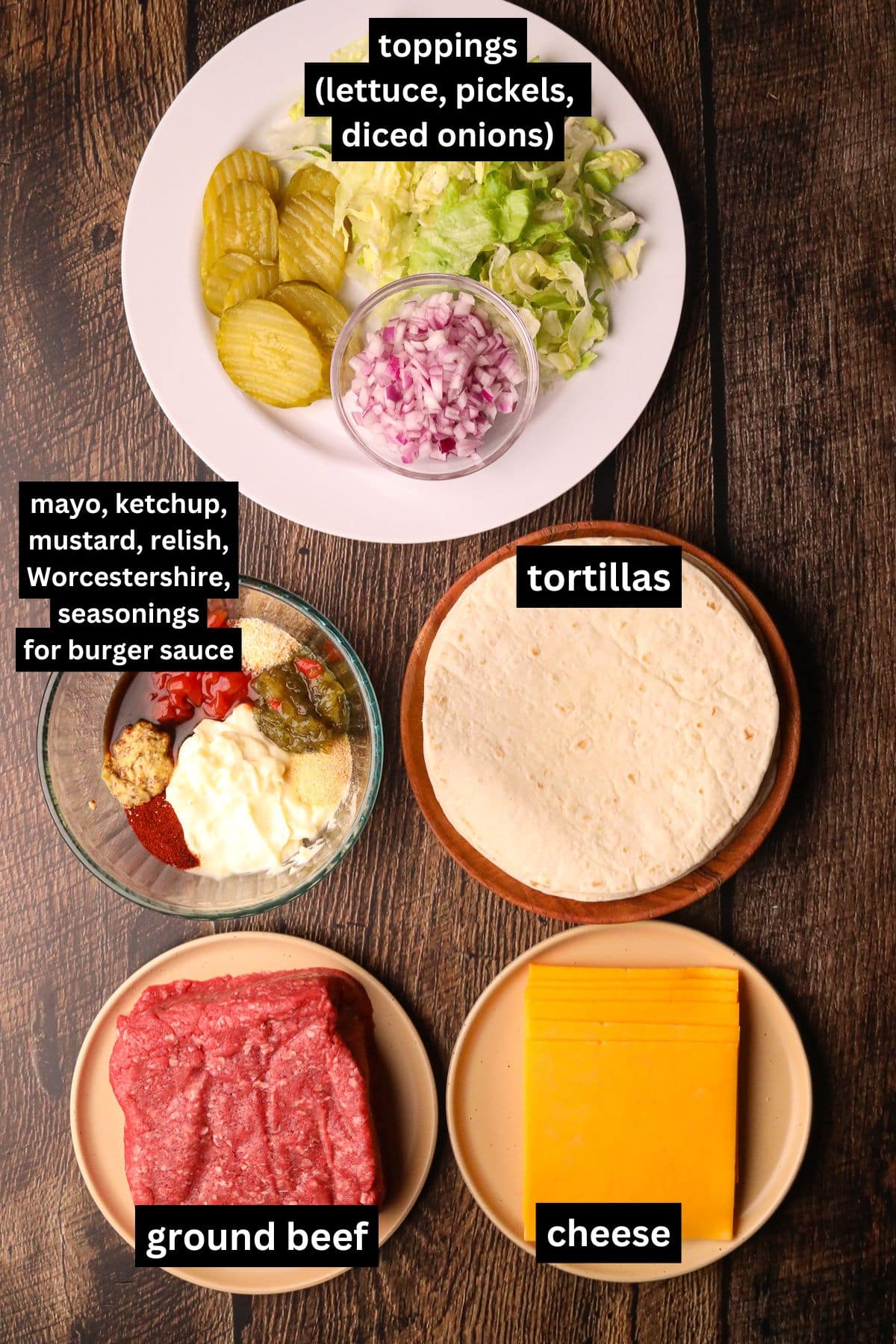 Ingredients for making smashburger tacos arranged on a wooden surface.
