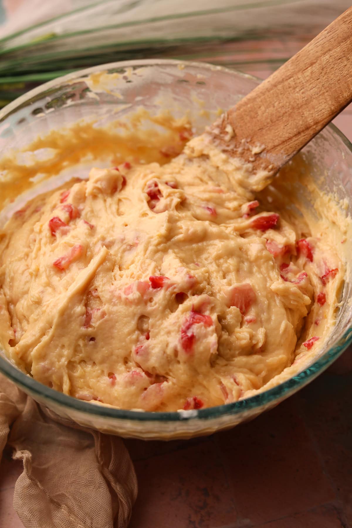 Strawberry lemonade, muffin batter in a mixing bowl.