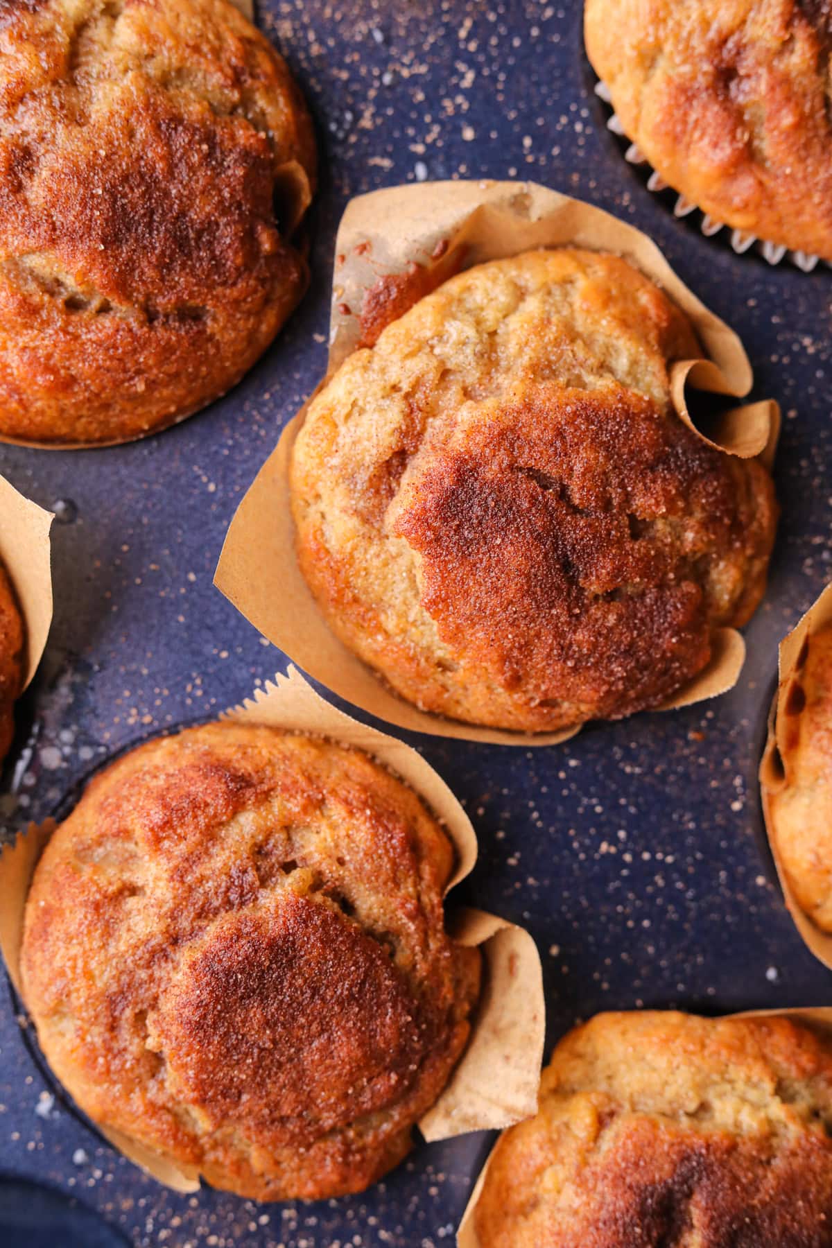 Freshly baked cinnamon swirl banana muffins.