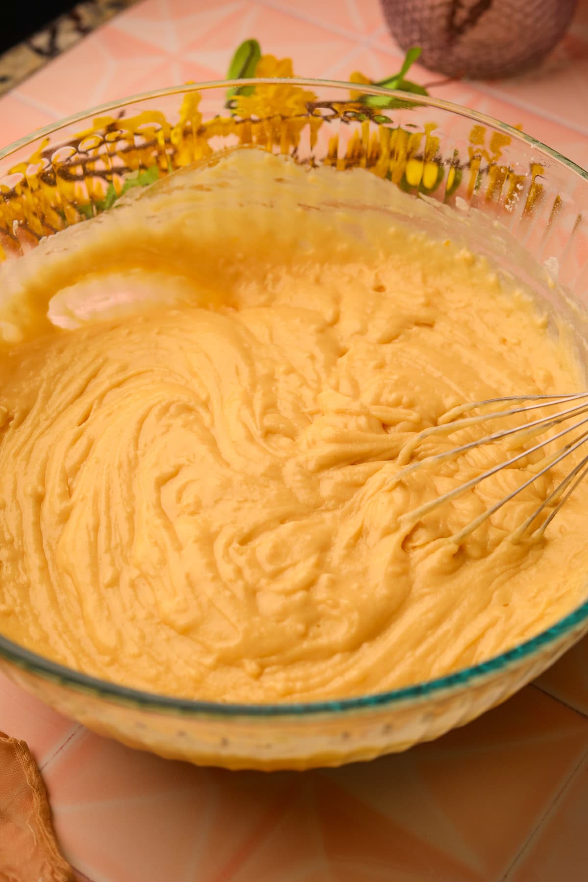 Dry ingredients folded into the wet ingredients for strawberry shortcake muffin batter