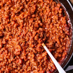 Southern BBQ Baked beans in a pan.