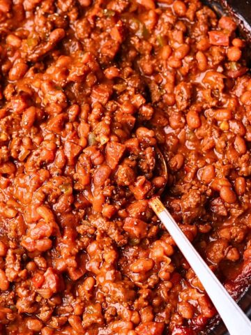Southern BBQ Baked beans in a pan.