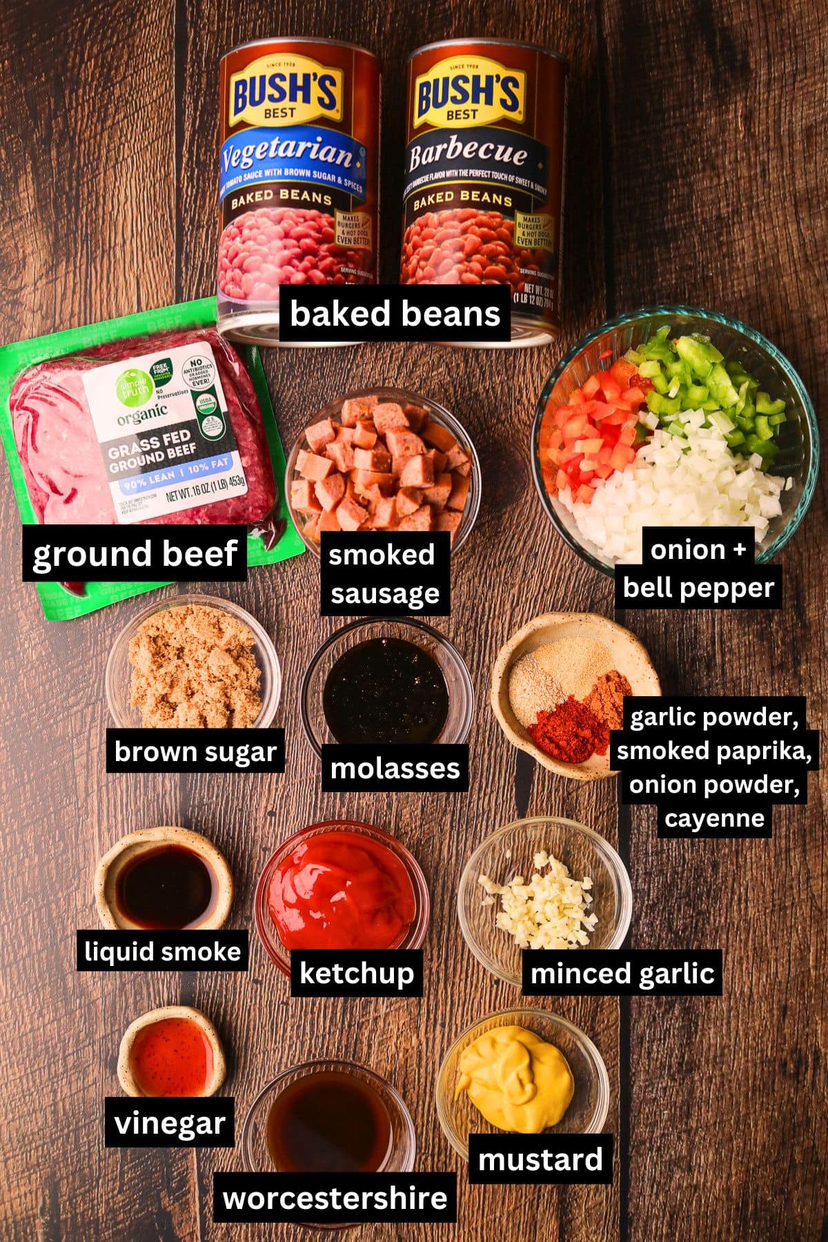 Southern barbecue baked beans ingredients, arranged on a table top.