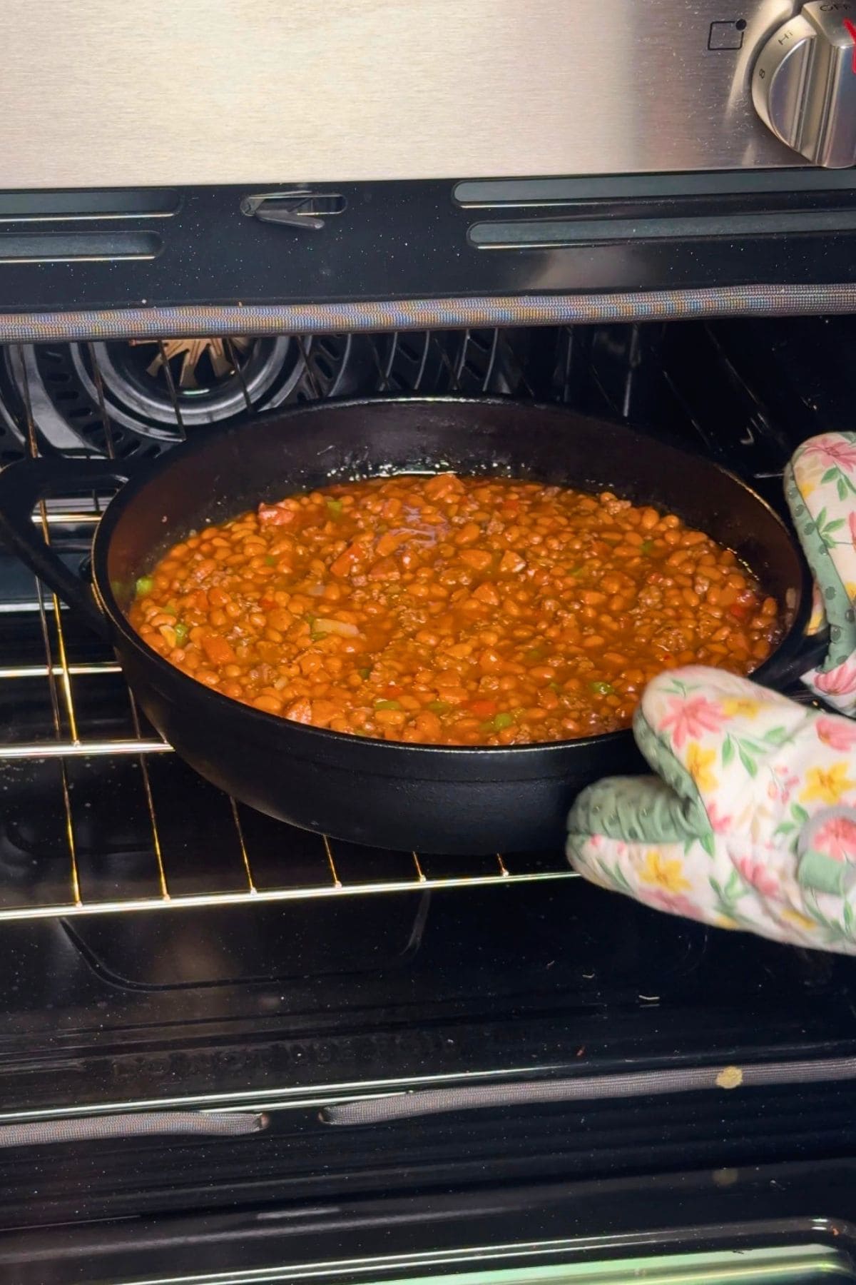 Southern barbecue baked beans going into the oven.