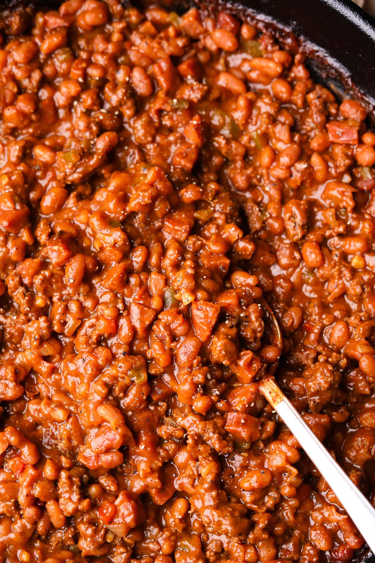 Southern BBQ Baked beans in a pan.