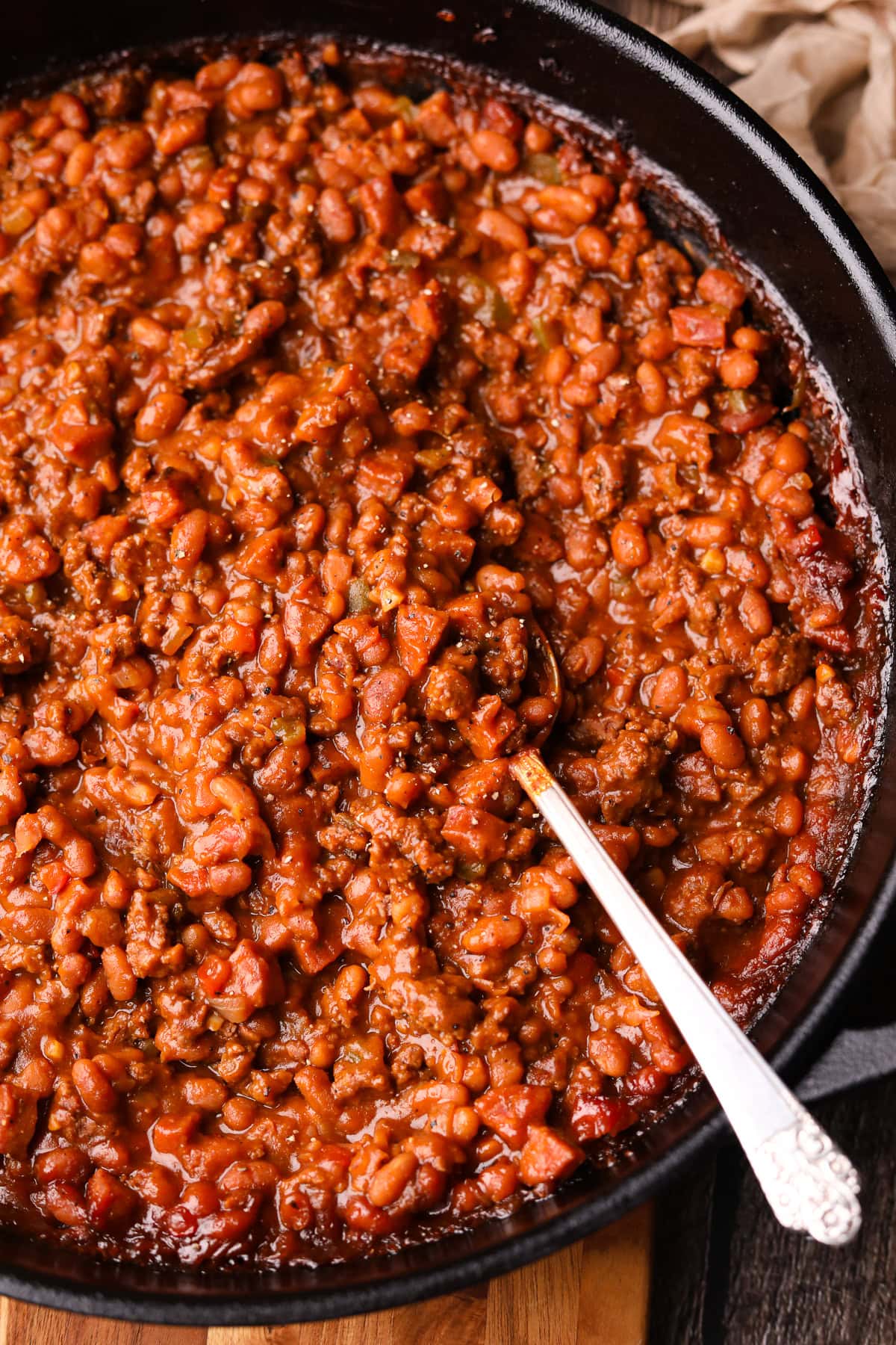 Southern BBQ Baked beans in a pan.