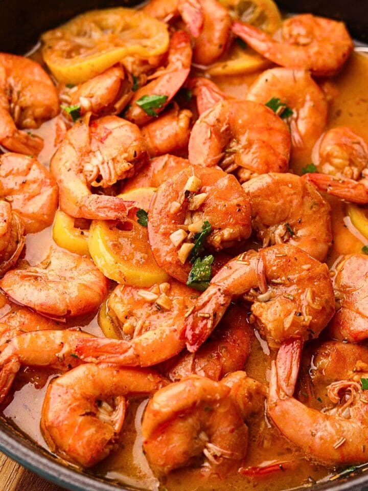 New Orleans BBQ shrimp in a skillet.