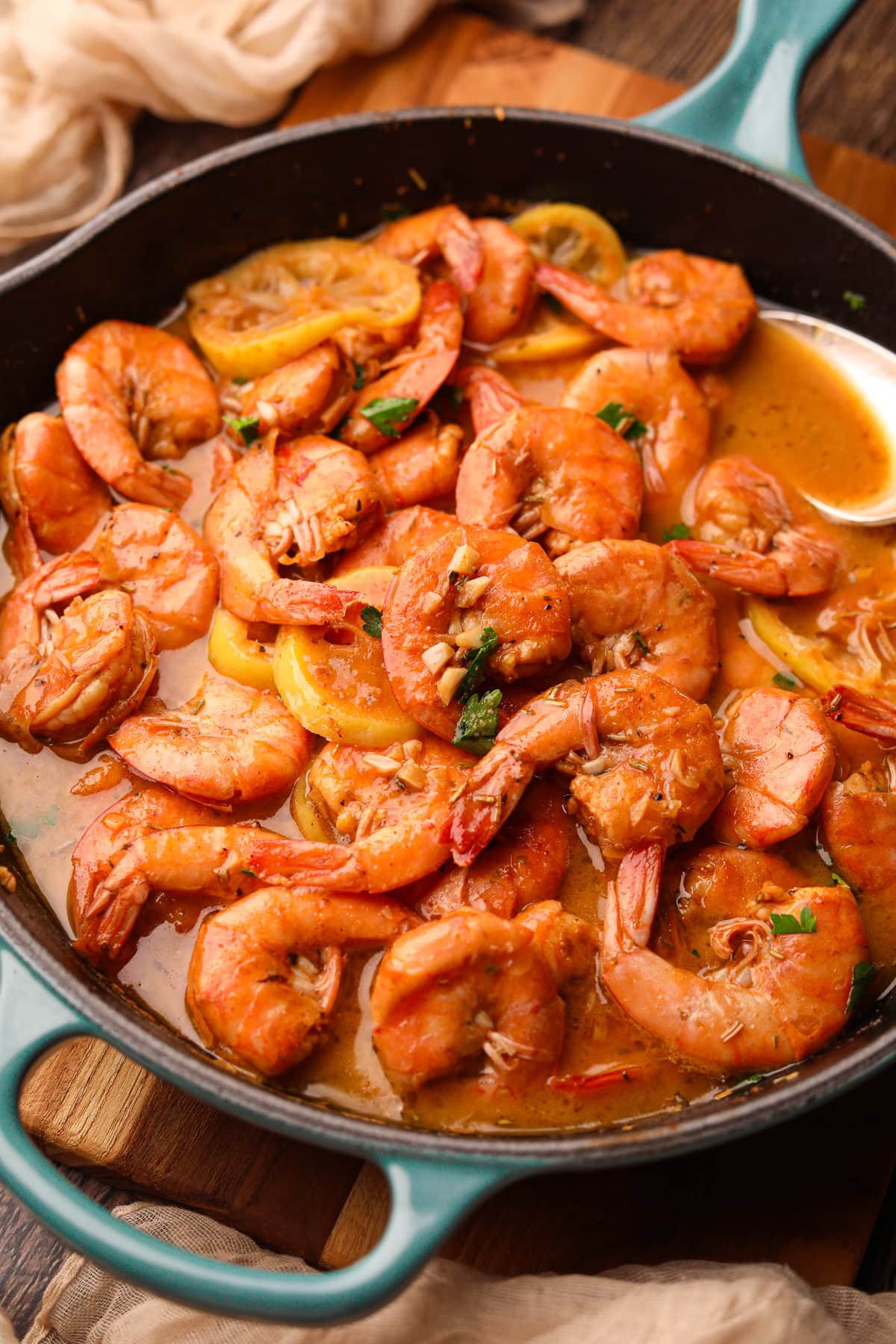 New Orleans BBQ shrimp in a skillet.