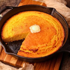 Southern cast-iron cornbread sliced in a skillet.