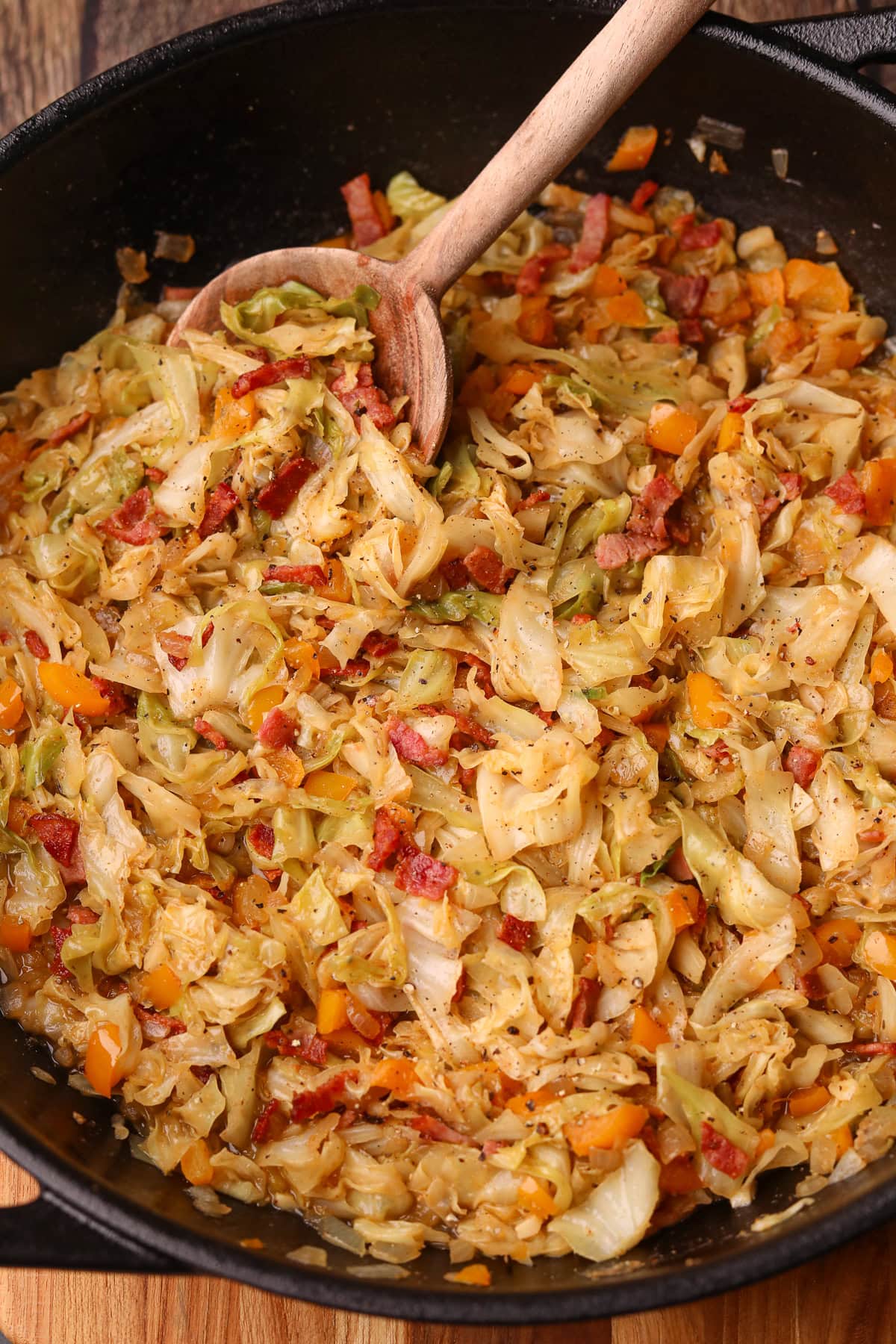Finished southern fried cabbage in a pan.