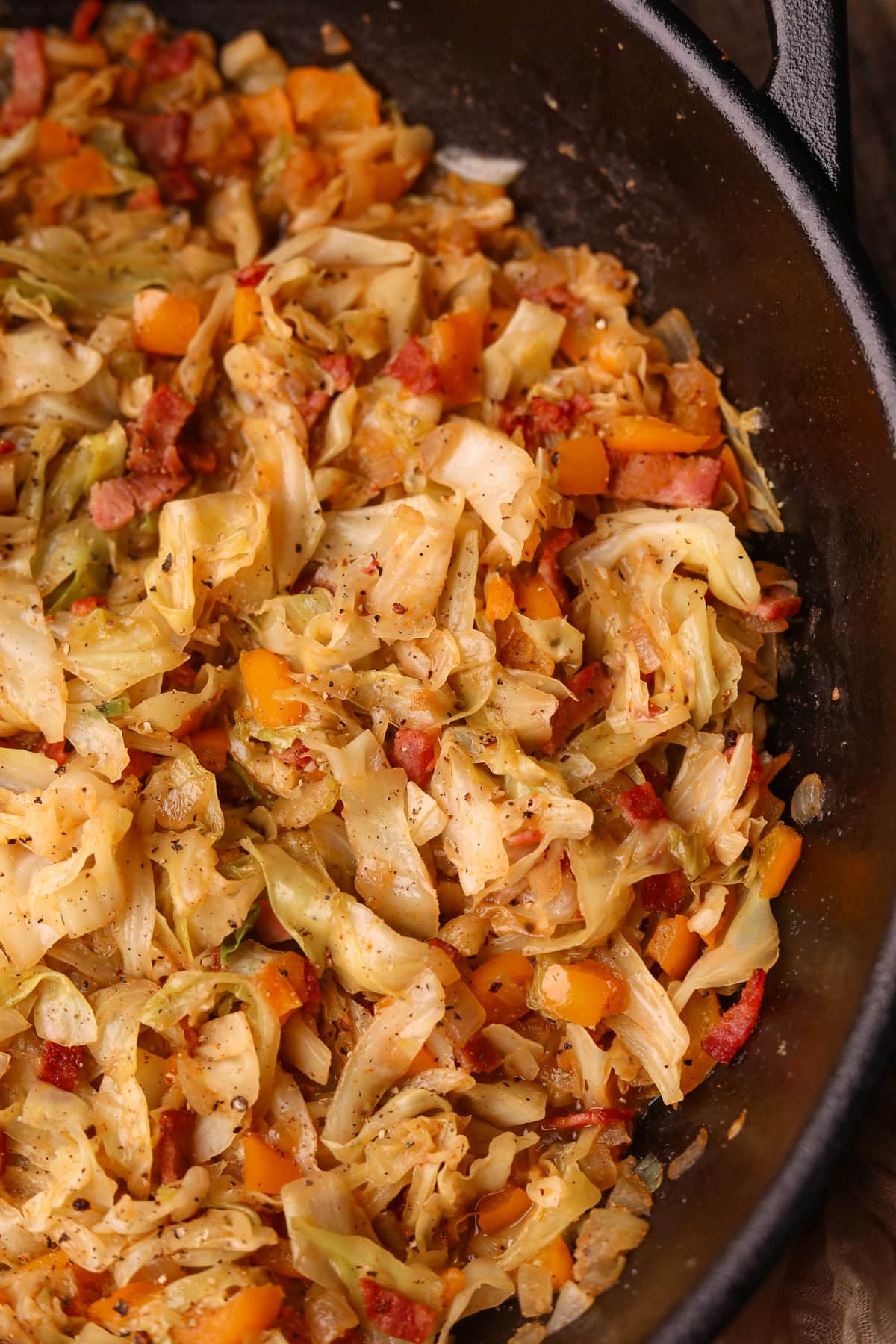 Detailed shot of Southern Fried cabbage in a skillet.