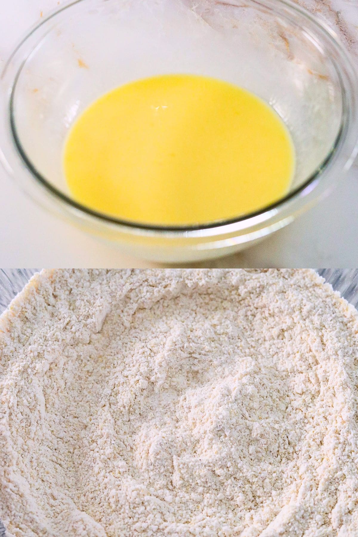 Dredging bowls for fried green tomatoes with buttermilk mixture and cornmeal mixture.